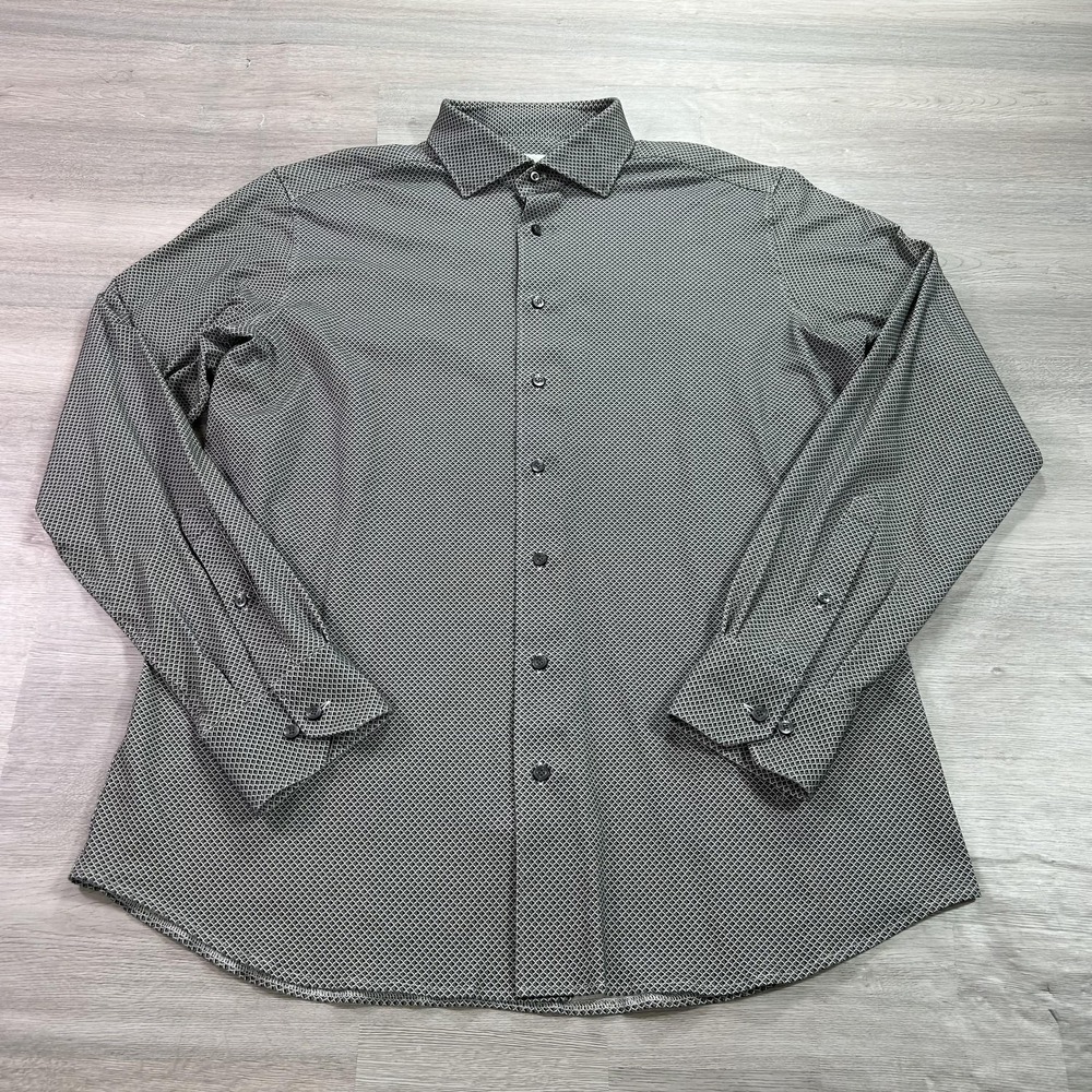 Emanuel Berg Shirt Mens 16.5 34/35 Gray Geometric Slim Modern Fit Dress Shirt